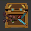 Open Orange Treasure Chest With Curved Keys Red Potion Blue Dagger And Tools