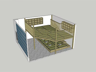 Functional Bunk Bed Room Interior With Storage Grid Panels And Mattresses 3d model