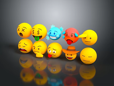 Yellow Emoji Decorative Figurine Set With Various Expressions Arranged Display And Reflections On Dark Background 3d model
