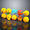 Yellow Emoji Decorative Figurine Set With Various Expressions Arranged Display And Reflections On Dark Background