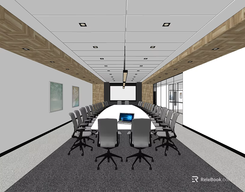 Modern Conference Room Interior With Long Table Chairs Laptop Projection Screen Ceiling Lights And Windows 3d model