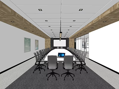 Modern Conference Room Interior With Long Table Chairs Laptop Projection Screen Ceiling Lights And Windows 3d model