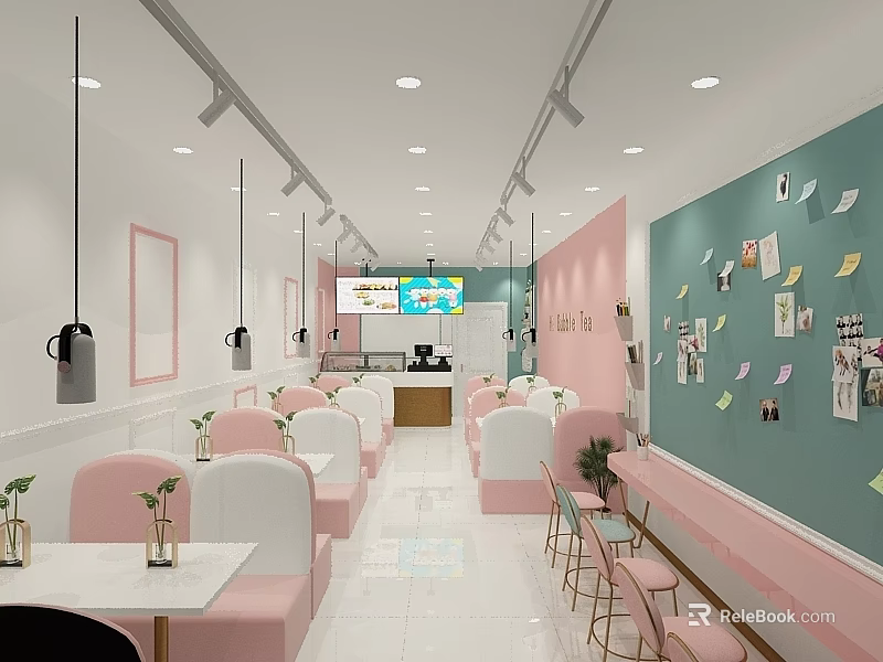 Modern Japanese Restaurant Interior Design Featuring Pink White Seats Green Walls And Wall Notes 3d model 