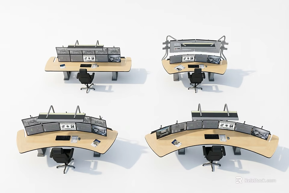 Projection Monitoring Systems On Various Shaped Office Workstations With Monitors 3d model 