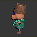 Cartoon Game Movie Character With Wooden Stump Head Purple Glasses Pink Nose Green Beads