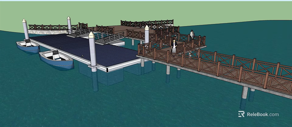 Wooden Dock Design With Railings Pillars Small Boat And People Over Blue Water 3d model 