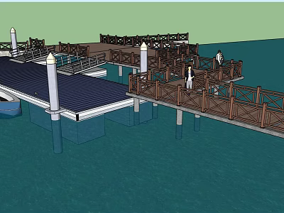 Wooden Dock Design With Railings Pillars Small Boat And People Over Blue Water 3d model