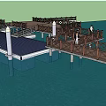 Wooden Dock Design With Railings Pillars Small Boat And People Over Blue Water