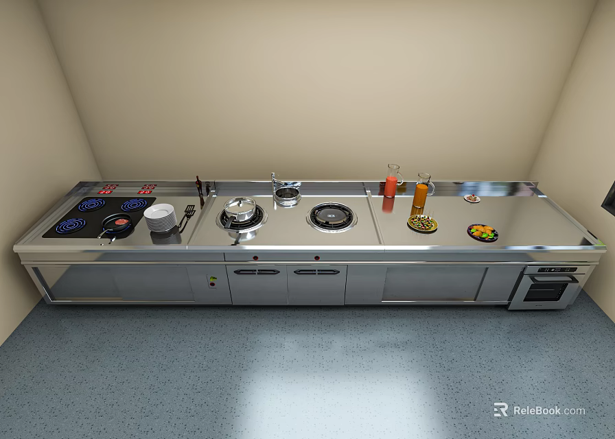 Stainless Steel Kitchen Countertop With Gas Stove Electric Cooktop Pots Cups Bottles And Appliances 3d model 
