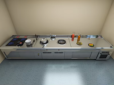 Stainless Steel Kitchen Countertop With Gas Stove Electric Cooktop Pots Cups Bottles And Appliances 3d model