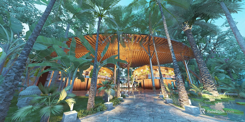 Tropical Garden Landscape With Palm Trees Wooden Roof Structure And Stone Pathway 3d model 