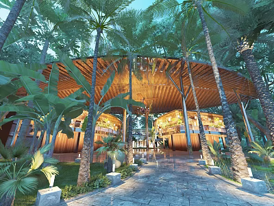 Tropical Garden Landscape With Palm Trees Wooden Roof Structure And Stone Pathway 3d model