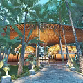 Tropical Garden Landscape With Palm Trees Wooden Roof Structure And Stone Pathway