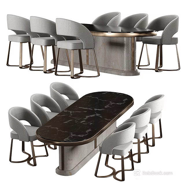 Elegant Dining Table Set With Black Marble Top And Grey Upholstered Chairs 3d model 