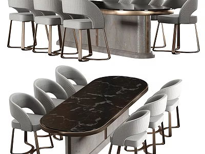 Elegant Dining Table Set With Black Marble Top And Grey Upholstered Chairs 3d model