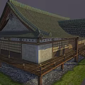 Traditional Japanese House with Sloped Tile Roof Wooden Structure and Green Grass Area