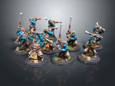 Painted Blue Warrior Figures Holding Axes And Spears On Bases 3d model