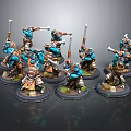 Painted Blue Warrior Figures Holding Axes And Spears On Bases