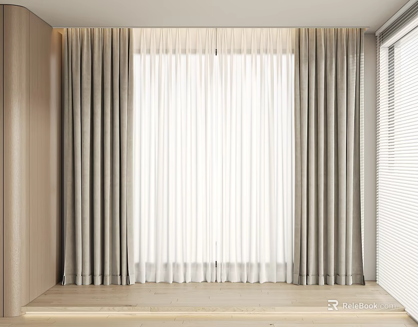 Modern Gray And White Double Layer Curtains With Sheer Fabric For Window Interior Design 3d model 