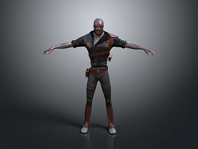 Game And Movie Character 3D Model Bald Head Dark Outfit Leather Straps Extended Arms Pose 3d model