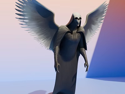 Mystical Hooded Game Movie Character With Large Gray Wings And Robed Figure 3d model