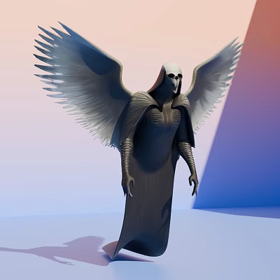 Mystical Hooded Game Movie Character With Large Gray Wings And Robed Figure 3d model