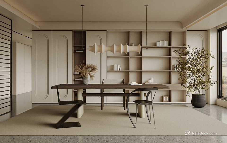 Modern Study Room Interior Design With Wooden Desk Wall Bookshelves And Potted Plant 3d model 