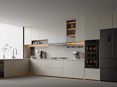 Modern Kitchen Interior Design With White Cabinets Built in Appliances Countertop And Under Cabinet Lighting 3d model
