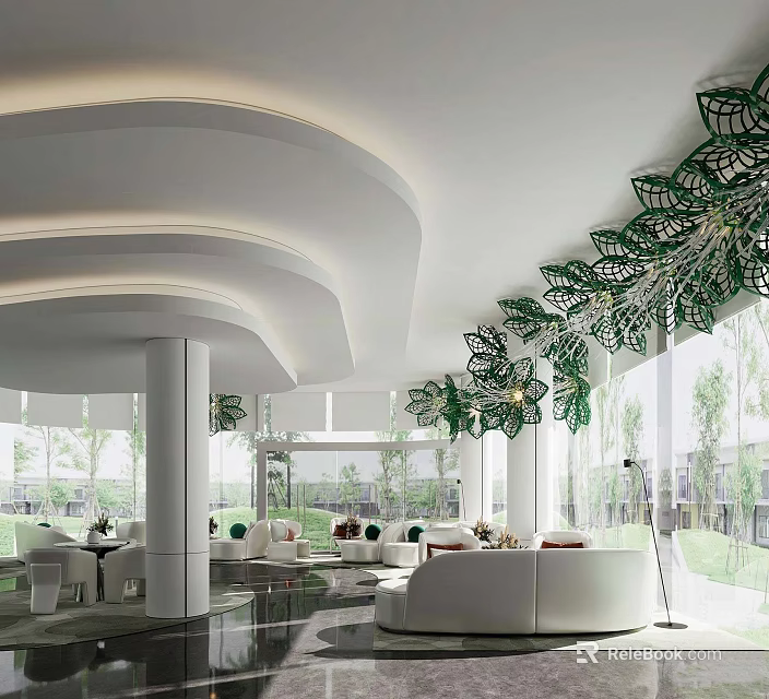 Bright Modern Sales Office With Curved Ceiling White Furnishings And Artistic Green Hanging Decorations 3d model 