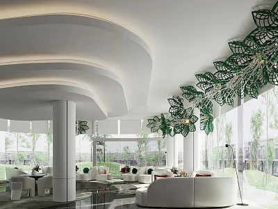 Bright Modern Sales Office With Curved Ceiling White Furnishings And Artistic Green Hanging Decorations 3d model