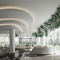 Bright Modern Sales Office With Curved Ceiling White Furnishings And Artistic Green Hanging Decorations