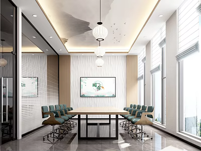 Modern Conference Room Interior With Long Meeting Table Green Chairs And Wall TV Screen 3d model