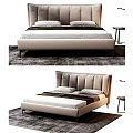 Modern Stylish Double Bed With Upholstered Beige Headboard White Mattress Pillows And Dark Rug