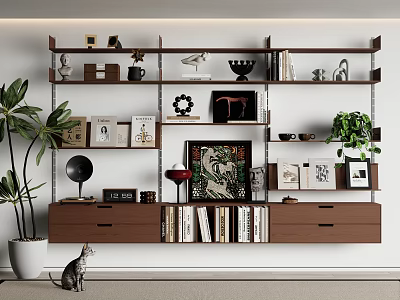 Stylish Wall Mounted Shelf Unit with Decorations Books and Drawers beside Green Plant and Cat 3d model