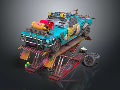 Turquoise Modified Car On Repair Lift With Yellow Engine Parts And Mechanical Tools 3d model