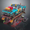 Turquoise Modified Car On Repair Lift With Yellow Engine Parts And Mechanical Tools
