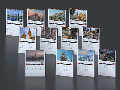 Daily Calendars with Various Scenic Pictures Including City Landscapes and Architecture 3d model