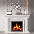 Elegant Marble Fireplace With Burning Fire Decorative Mirrors And Circular Wall Tiles