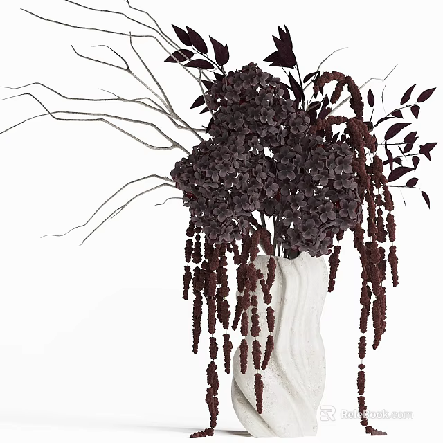 Elegant White Vase With Deep Purple Flowers Slender Branches And Hanging Tassels 3d model 
