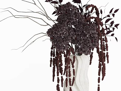 Elegant White Vase With Deep Purple Flowers Slender Branches And Hanging Tassels 3d model