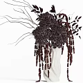 Elegant White Vase With Deep Purple Flowers Slender Branches And Hanging Tassels
