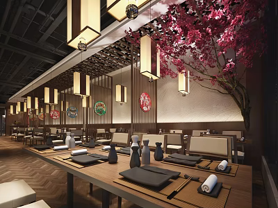 Chinese Restaurant Interior With Cherry Blossom Tree Lanterns Wooden Dining Tables And Tableware Setup 3d model