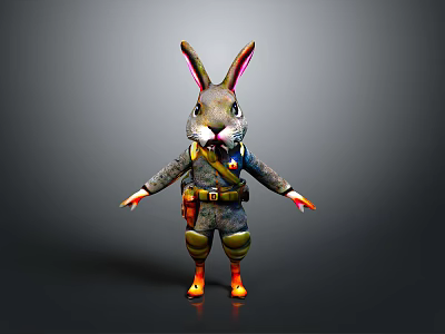 Cute Rabbit Character In Military Costume With Long Ears And Orange Feet 3d model