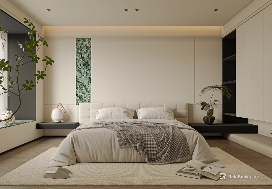 Modern Minimalist Bedroom Interior With Upholstered Bed Blanket Plant And Decorative Painting 3d model 