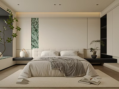 Modern Minimalist Bedroom Interior With Upholstered Bed Blanket Plant And Decorative Painting 3d model