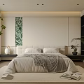Modern Minimalist Bedroom Interior With Upholstered Bed Blanket Plant And Decorative Painting