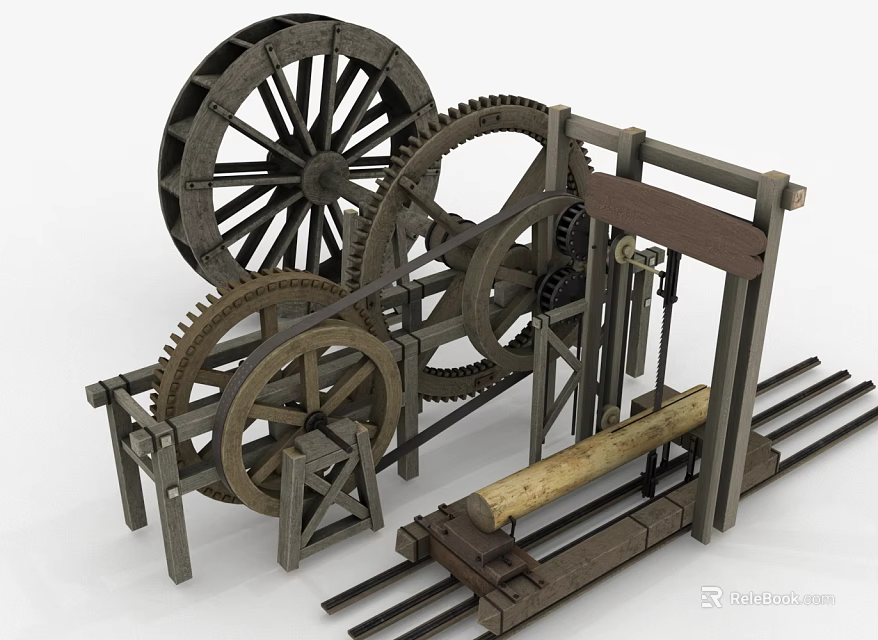 Vintage Woodworking Equipment with Large Wheels Gears Sawing Mechanism and Wooden Log on Tracks 3d model 
