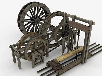 Vintage Woodworking Equipment with Large Wheels Gears Sawing Mechanism and Wooden Log on Tracks 3d model
