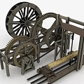 Vintage Woodworking Equipment with Large Wheels Gears Sawing Mechanism and Wooden Log on Tracks