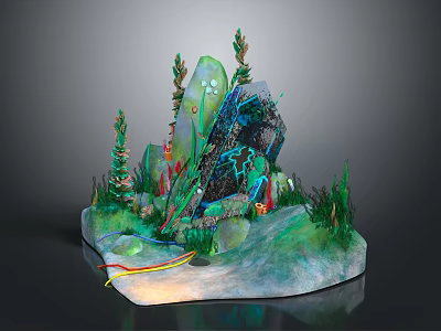 3D Cartoon Scene with Green Rocks Plants Glowing Lines and Colorful Decorations 3d model